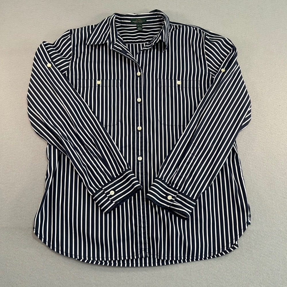Lauren Ralph Lauren Button Down Shirt Womens XL Navy Blue Striped Cotton Shirt